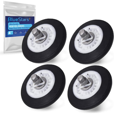 4581EL2002C Dryer Drum Roller Assembly, four black rollers shown with BlueStars product packaging