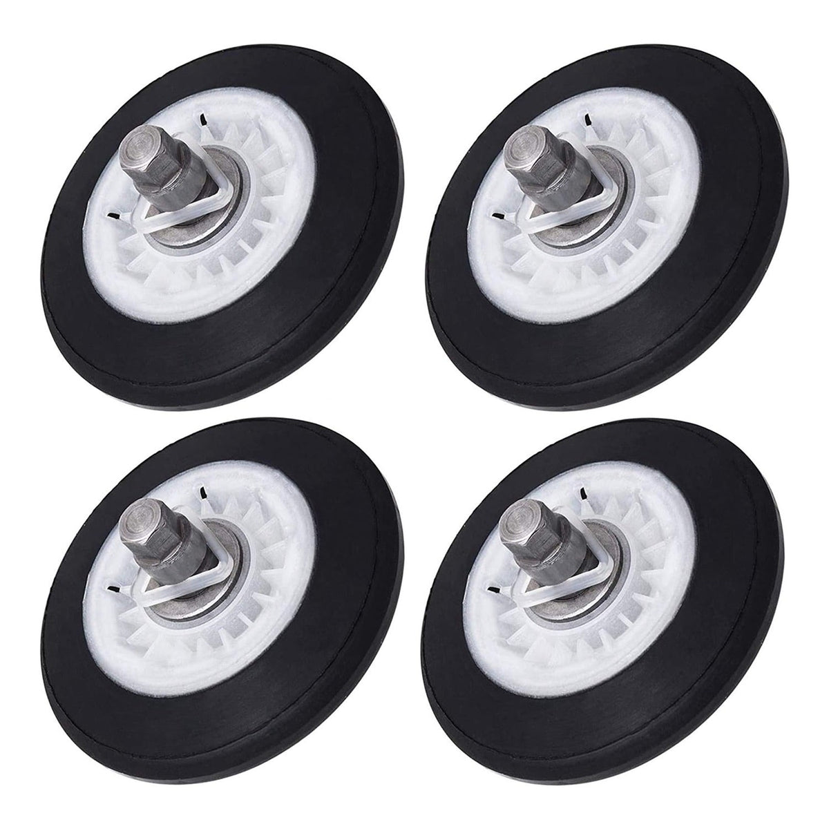 Set of four 4581EL2002C dryer drum roller assemblies for LG and Kenmore dryers.