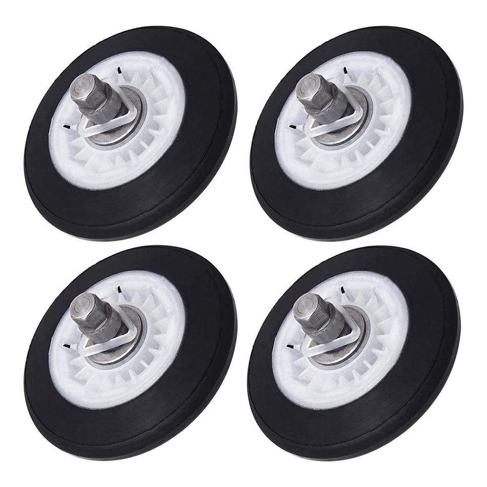 Set of four 4581EL2002C dryer drum roller assemblies for LG and Kenmore dryers.