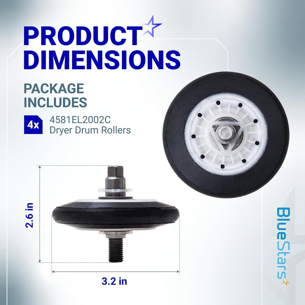 4581EL2002C Dryer Drum Roller Assembly, 4-pack with 3.2 x 2.6 in. dimensions diagram