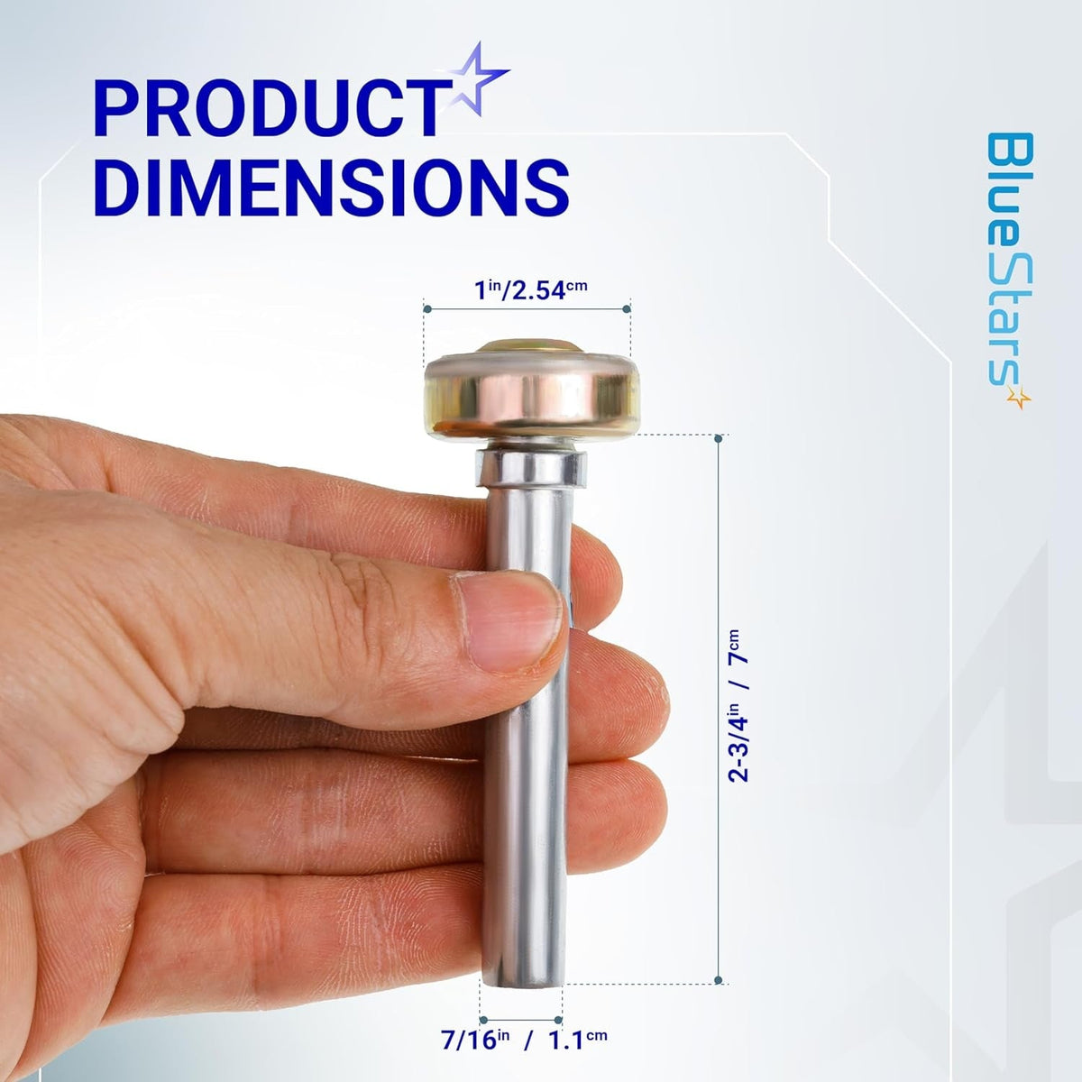 Hand holding a truck and trailer door roller showing 1-inch diameter wheel and 2-3/4-inch rod length dimensions.