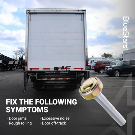 Single truck and trailer door roller shown against a box truck background with symptom repair text.