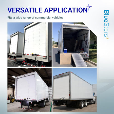 Collage of commercial box trucks with rollup doors compatible with truck and trailer door rollers.