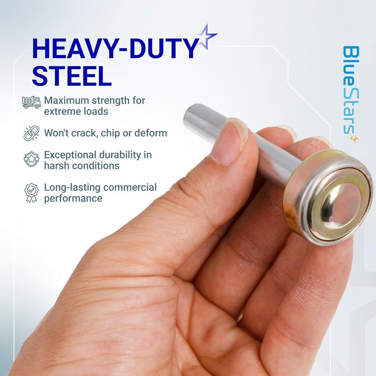 Hand holding a heavy-duty steel truck and trailer door roller for 1-inch tracks.