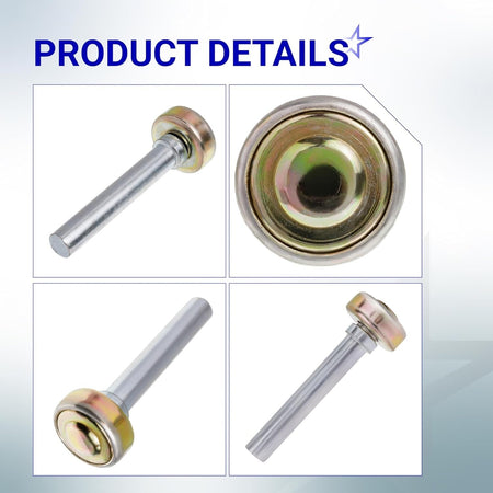 Close-up views of a 1-inch track truck and trailer door roller with a 7/16-inch diameter and 2-3/4-inch long rod.