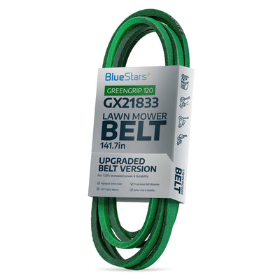 BlueStars GX21833 green mower deck belt in branded packaging for 48-inch lawn mower decks.
