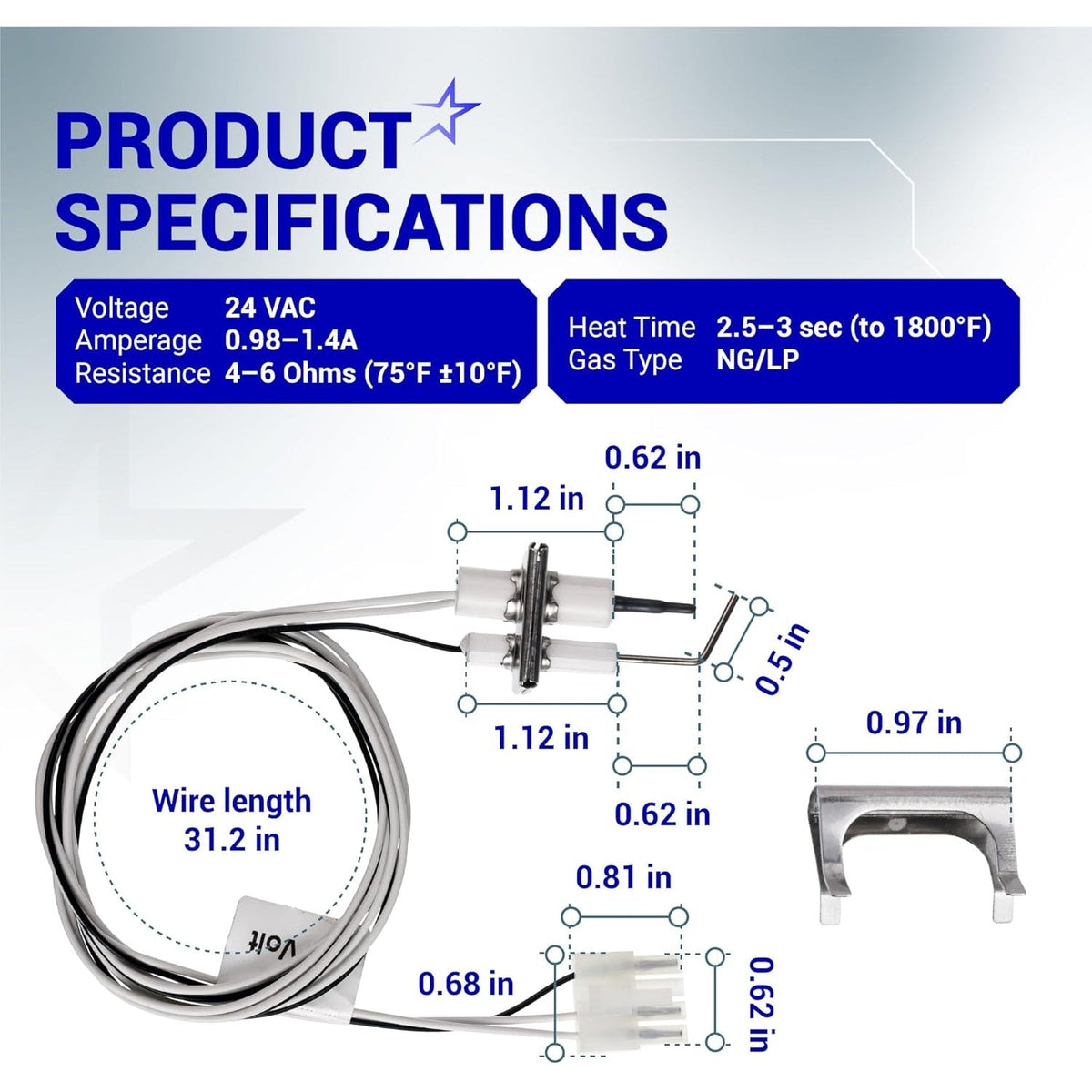 Q3400A1024/U igniter flame rod assembly technical specification diagram with dimensions and electrical ratings.