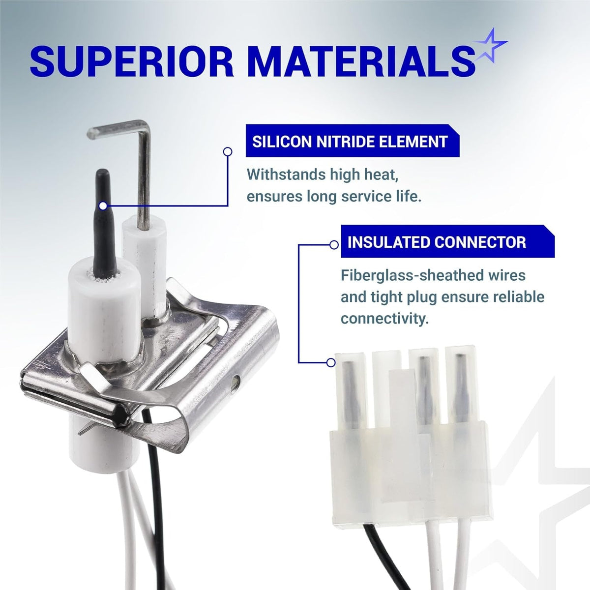 Q3400A1024/U igniter flame rod assembly showing silicon nitride element and insulated connector features.