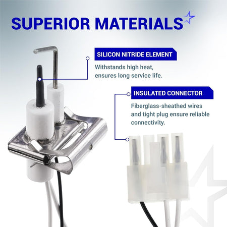 Q3400A1024/U igniter flame rod assembly showing silicon nitride element and insulated connector features.