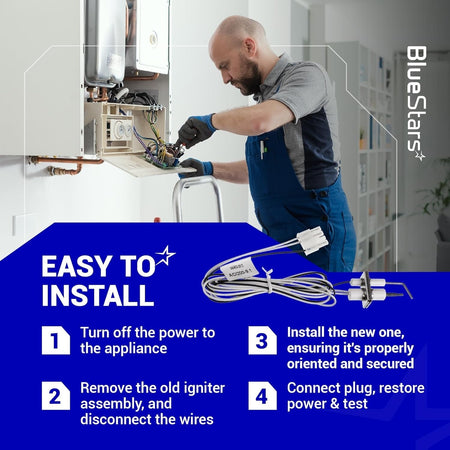 Technician installing Q3400A1024/U igniter flame rod assembly with step-by-step installation instructions.