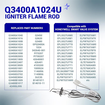Q3400A1024/U igniter flame rod assembly with compatibility chart for Honeywell Smart Valve systems.
