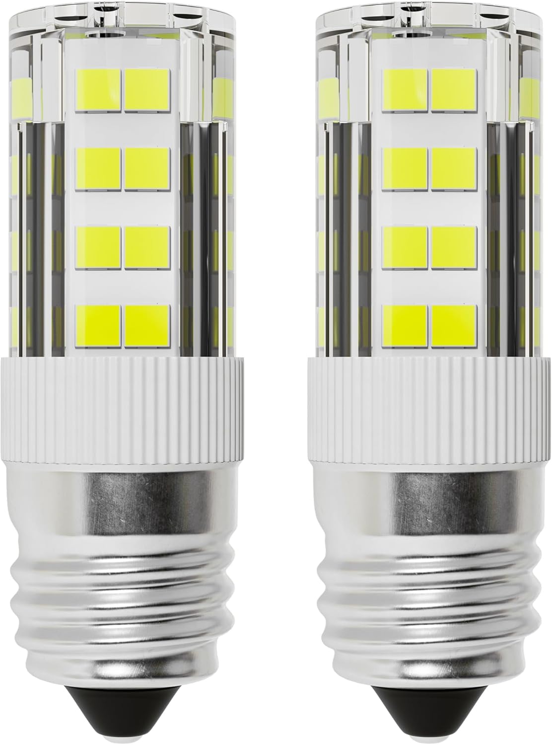 Two 5304517886 KEI D28A LED refrigerator light bulbs with E17 base and cool white LED chips.