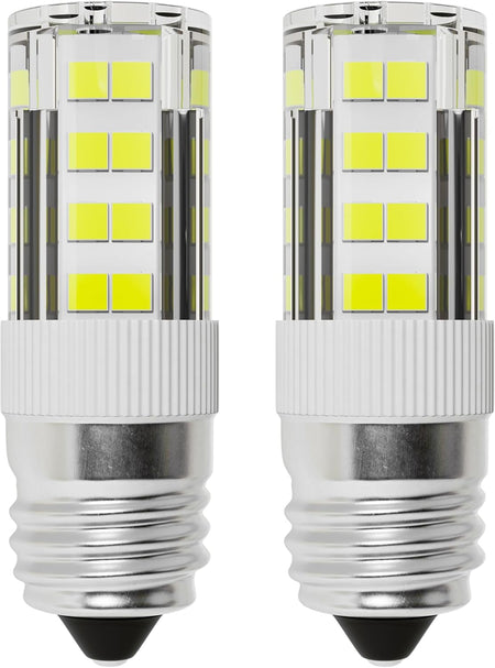 Two 5304517886 KEI D28A LED refrigerator light bulbs with E17 base and cool white LED chips.