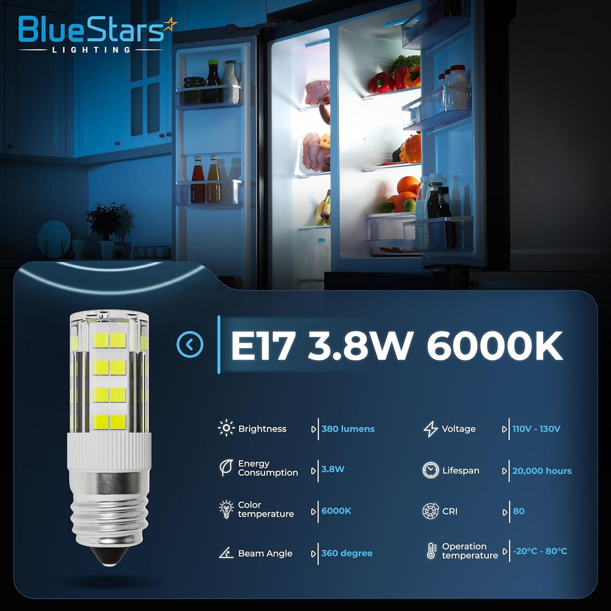Infographic showing 5304517886 E17 LED refrigerator light bulb specifications and cool white lighting performance.