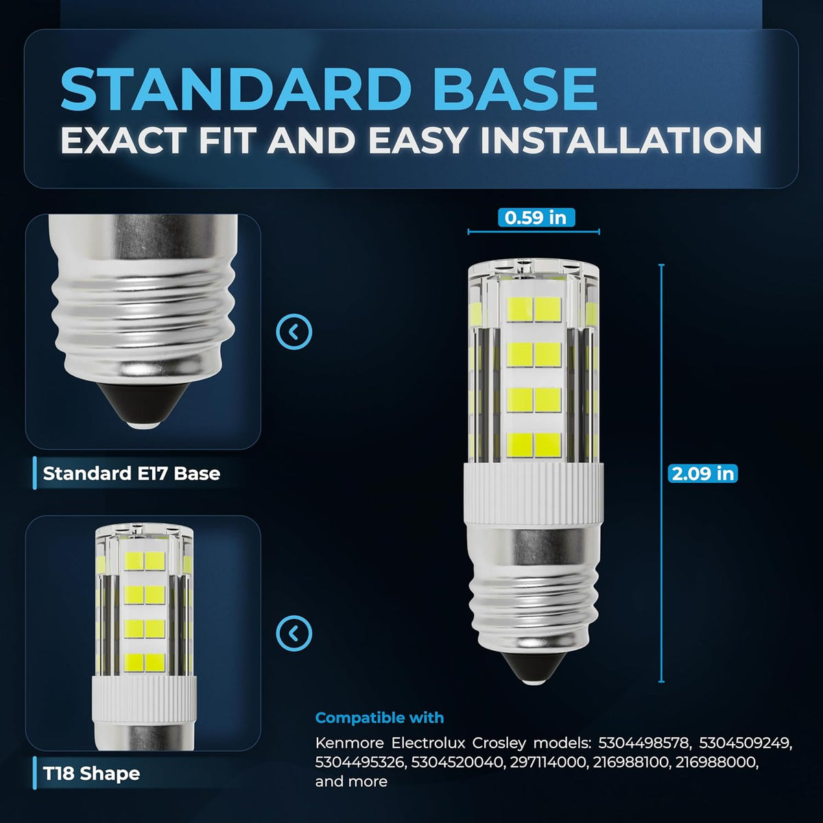 Dimensional diagram of 5304517886 E17 LED refrigerator light bulb showing T18 shape and standard base measurements.
