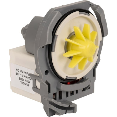 W10348269 dishwasher drain pump with yellow impeller for Whirlpool dishwashers.