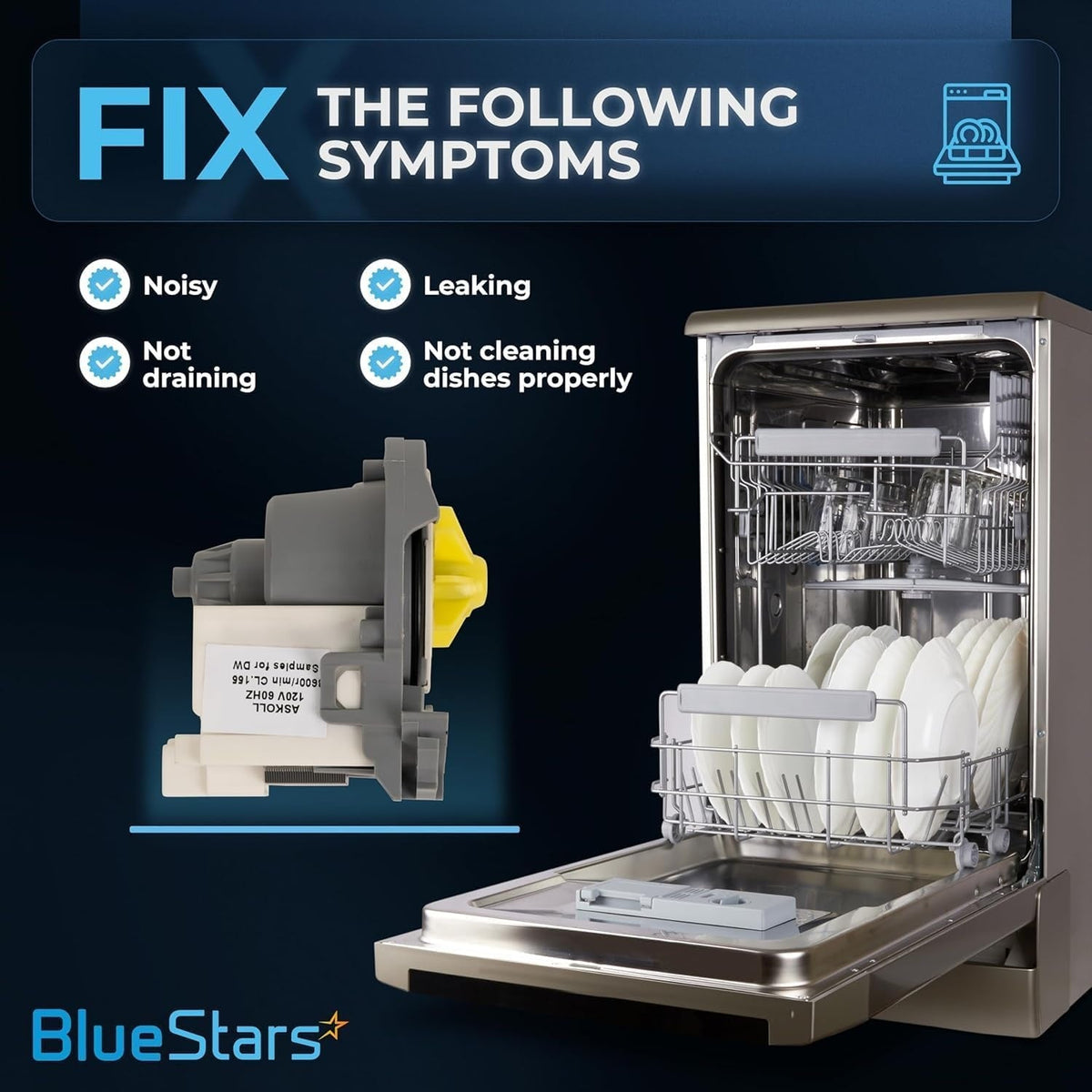 W10348269 dishwasher drain pump showing symptoms fixed including noisy, leaking, and not draining issues.