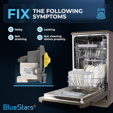 W10348269 dishwasher drain pump showing symptoms fixed including noisy, leaking, and not draining issues.