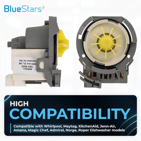 Side and front view of W10348269 dishwasher drain pump with yellow impeller for Whirlpool and compatible dishwashers.