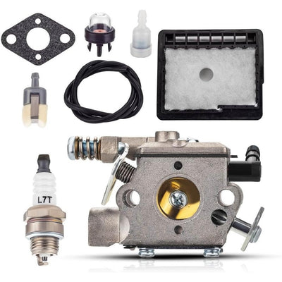 WT-589 carburetor tune-up kit with air filter, spark plug, fuel line, and primer bulb for Echo chainsaws.