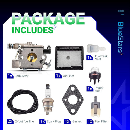Echo CS3000 chainsaw carburetor repair kit including carburetor, air filter, spark plug, fuel lines, and accessories.