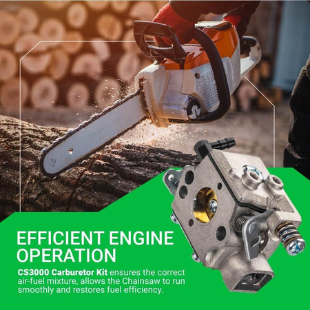 WT-589 replacement carburetor for Echo CS3000 series chainsaws shown with engine operation graphic.