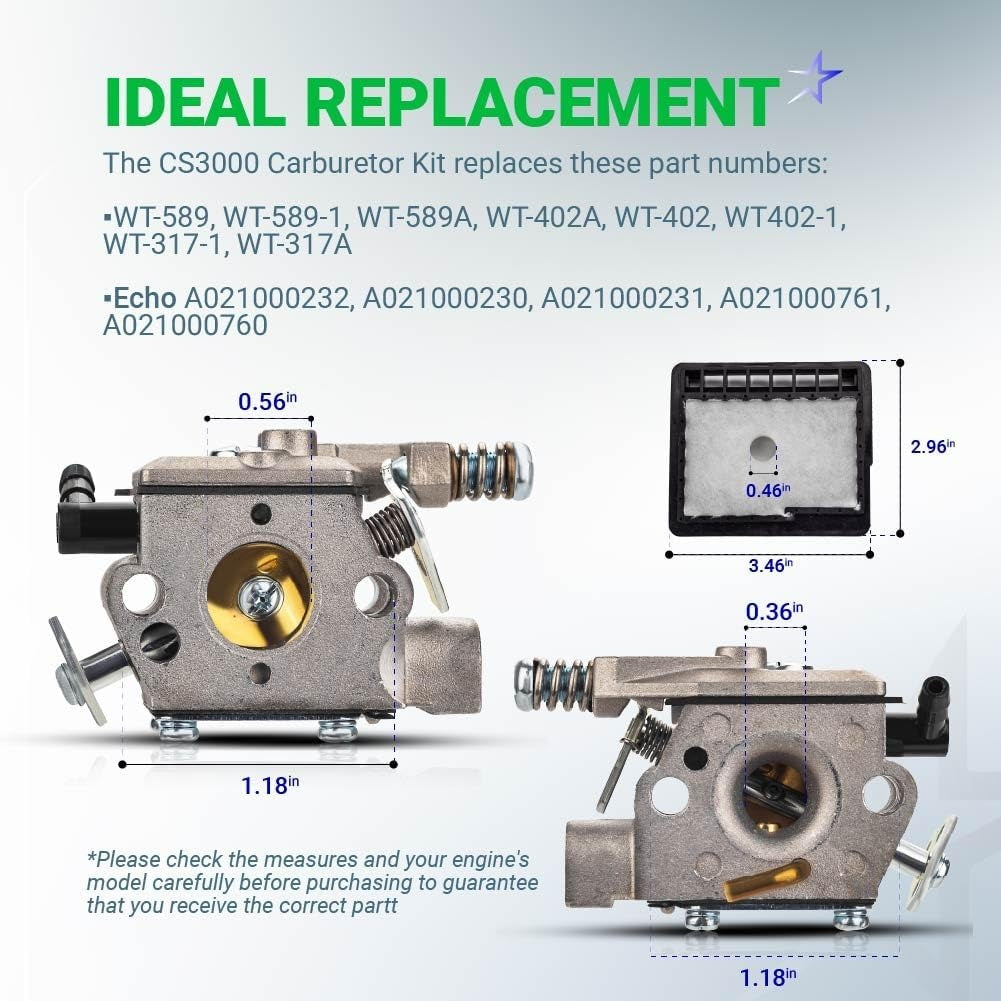 Dimensional diagram of CS3000 WT-589 carburetor showing replacement part numbers and measurement specifications.