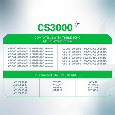 Compatibility chart for Echo CS3000 chainsaw carburetor listing compatible models and replacement part numbers.