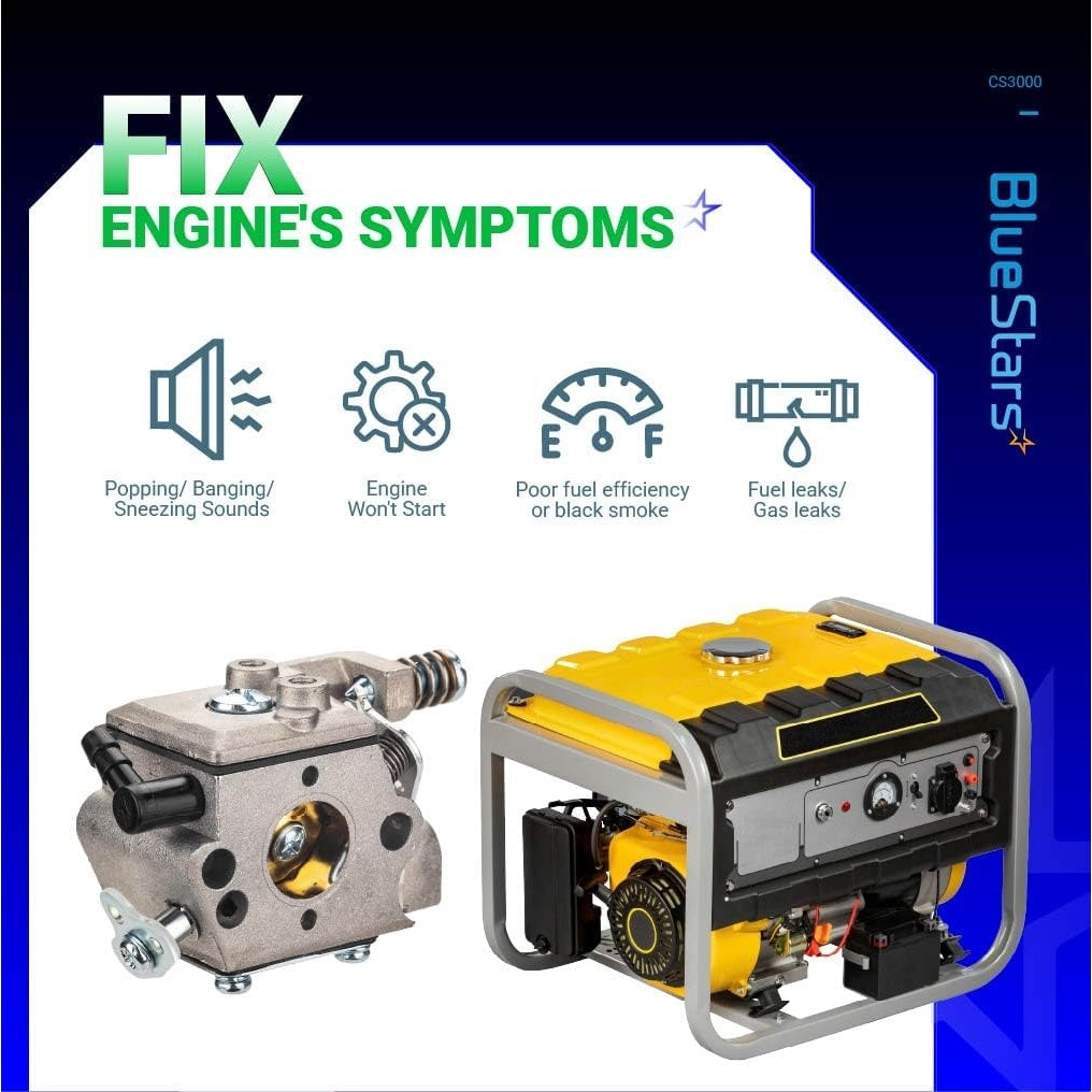Infographic showing CS3000 WT-589 carburetor symptoms for Echo chainsaws and portable generators.