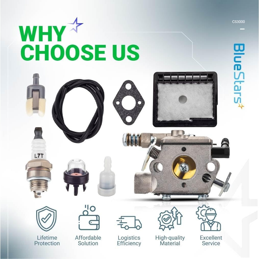 Replacement carburetor kit for Echo CS3000 chainsaws including fuel line, spark plug, air filter, and primer bulb.