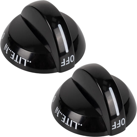 Set of two black Frigidaire range gas stove burner replacement knobs with white indicator markings.