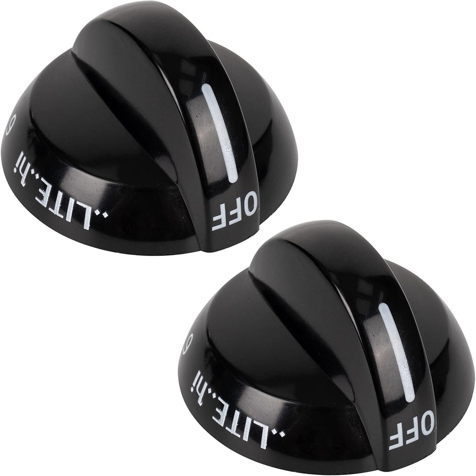 Set of two black Frigidaire range gas stove burner replacement knobs with white indicator markings.