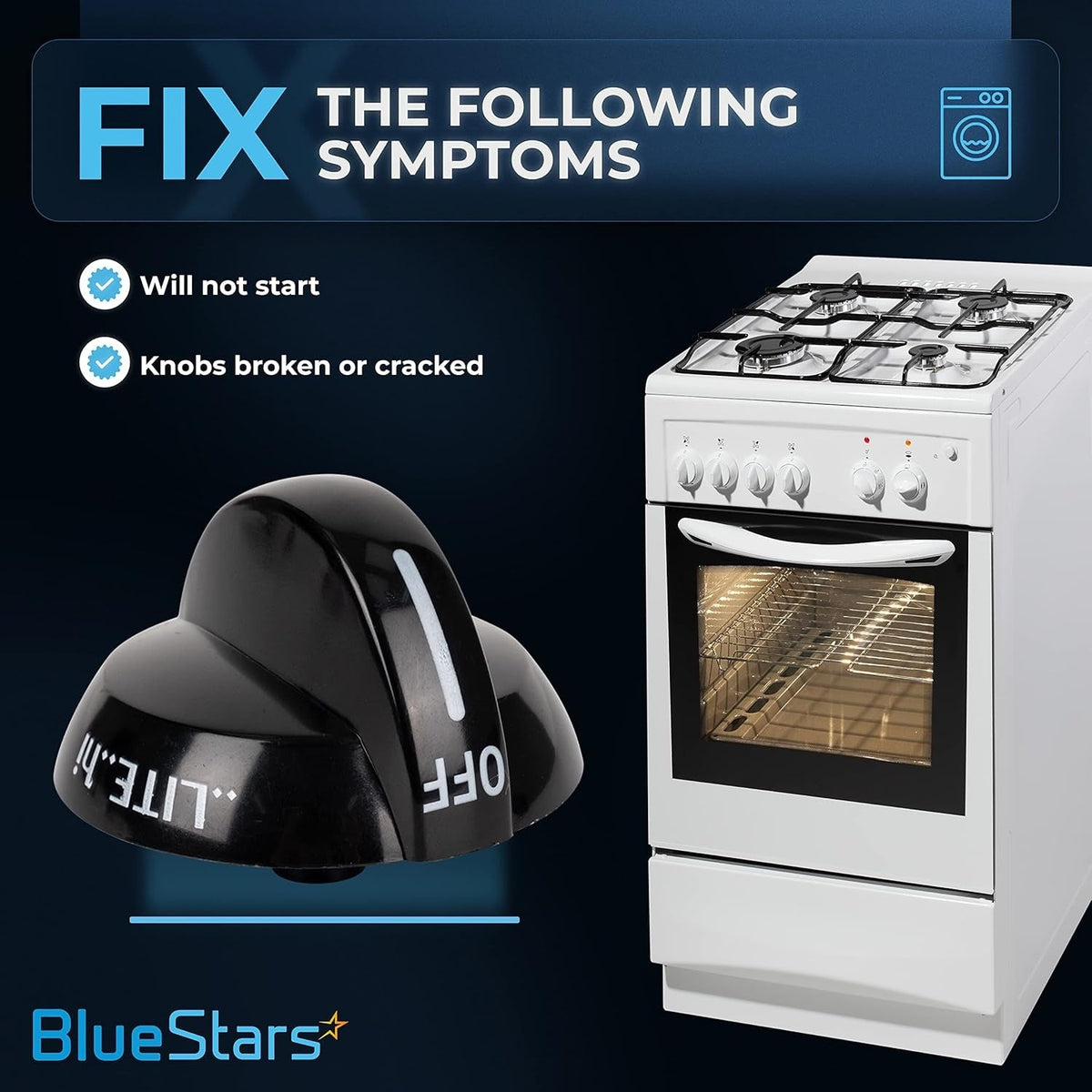 Infographic showing 316220009 gas range burner knob replacement and symptoms fixed for Frigidaire stoves.