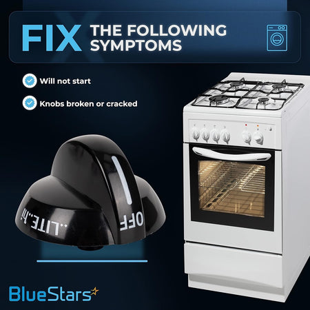 Infographic showing 316220009 gas range burner knob replacement and symptoms fixed for Frigidaire stoves.