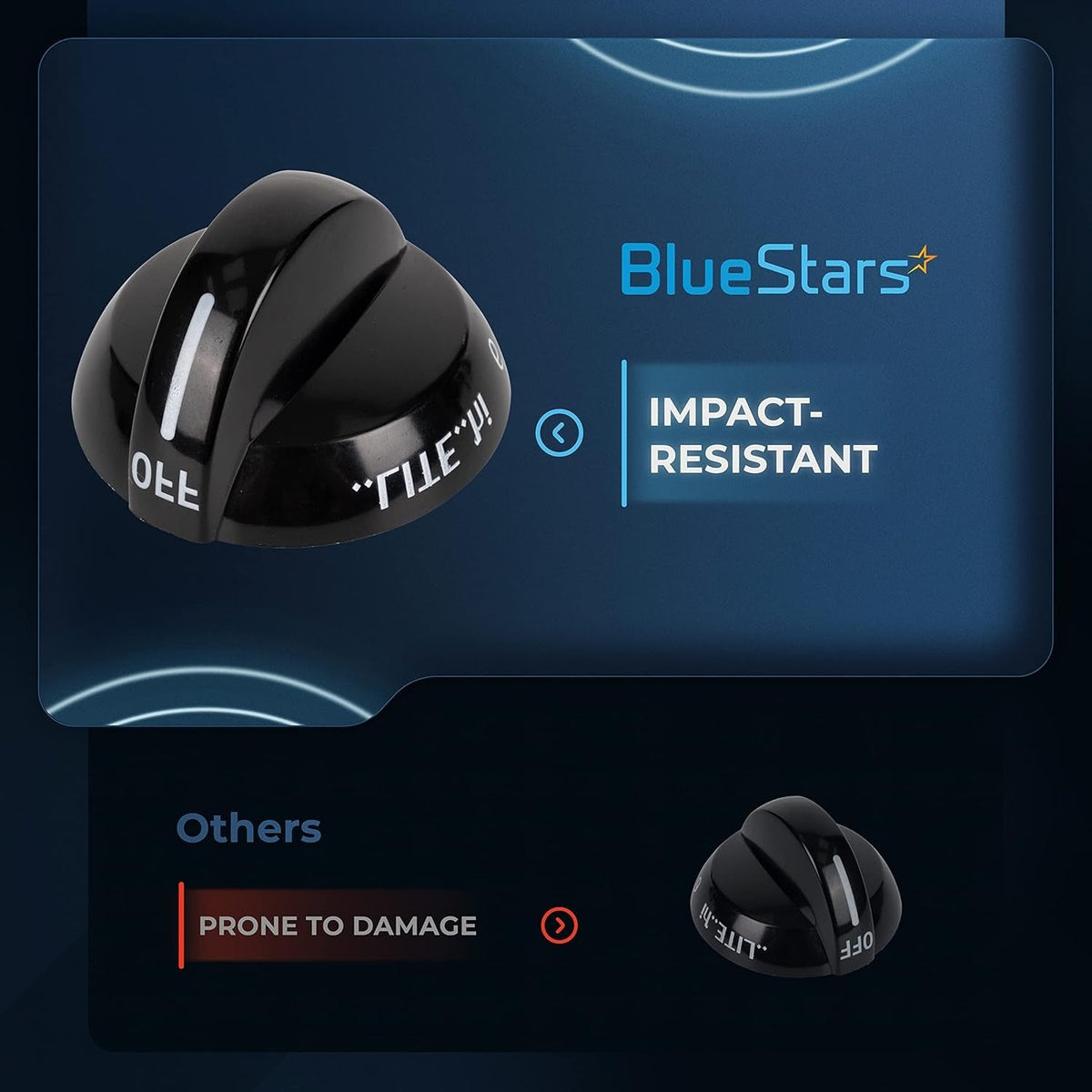 Comparison graphic showing impact-resistant BlueStars replacement gas stove knob versus a standard knob.