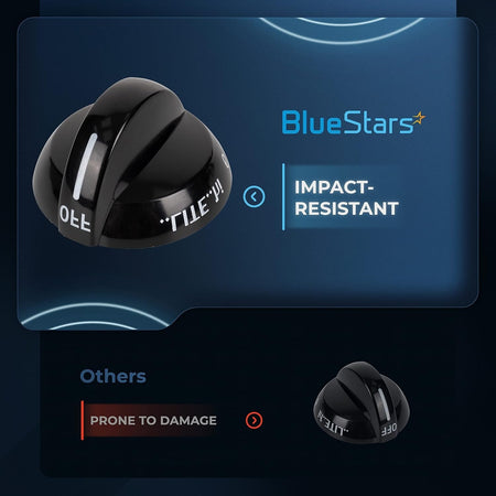 Comparison graphic showing impact-resistant BlueStars replacement gas stove knob versus a standard knob.