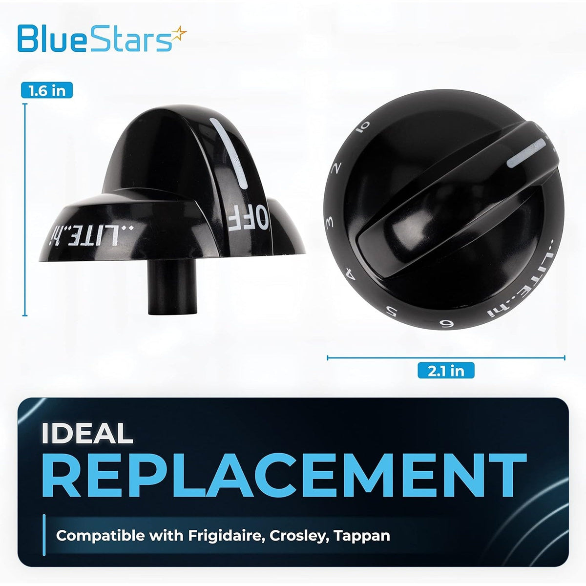 Two black Frigidaire gas stove replacement knobs shown from side and top angles with dimensions labeled.