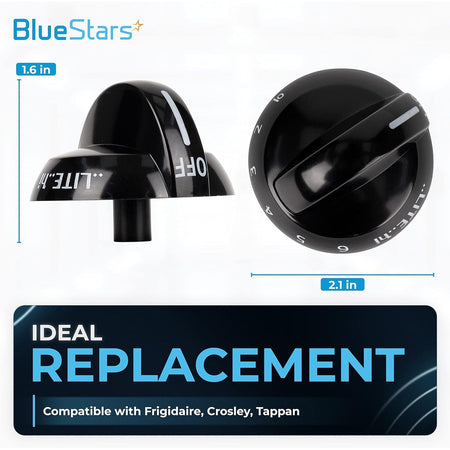 Two black Frigidaire gas stove replacement knobs shown from side and top angles with dimensions labeled.