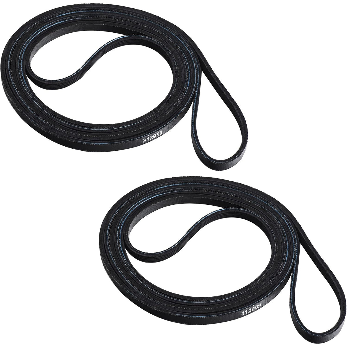 Y312959 dryer tumbler and motor belt, two black belts shown coiled