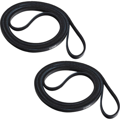 Y312959 dryer tumbler and motor belt, two black belts shown coiled