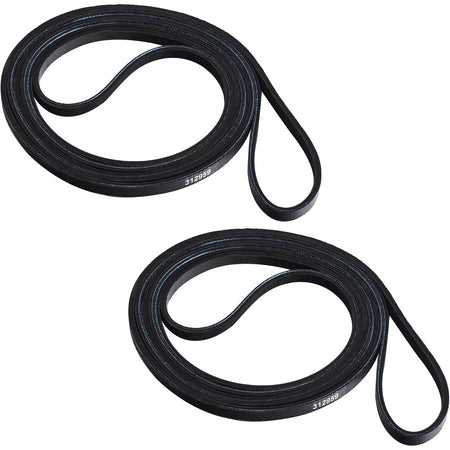 Y312959 dryer tumbler and motor belt, two black belts shown coiled