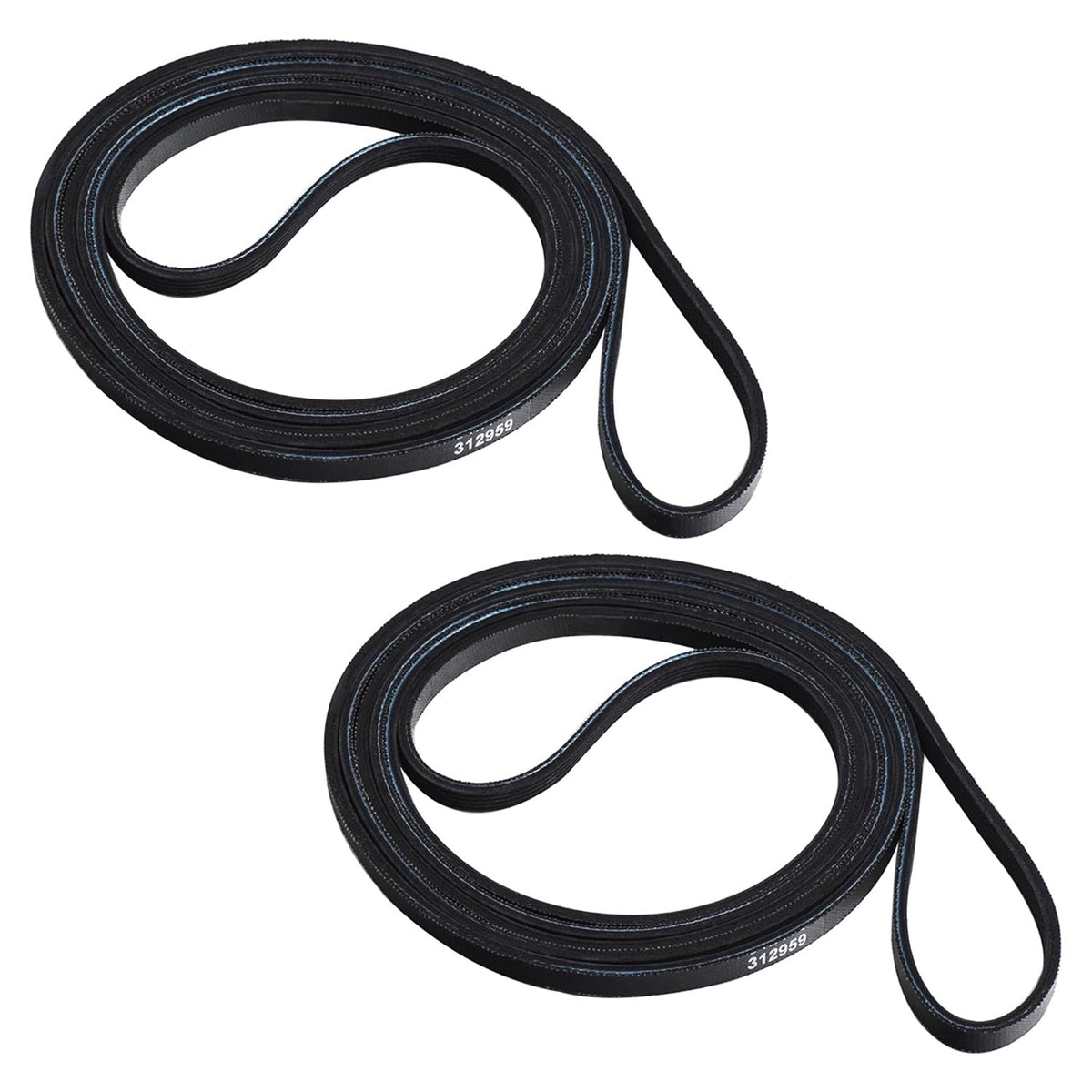 Two black 312959 dryer tumbler and motor replacement belts for Maytag dryers.