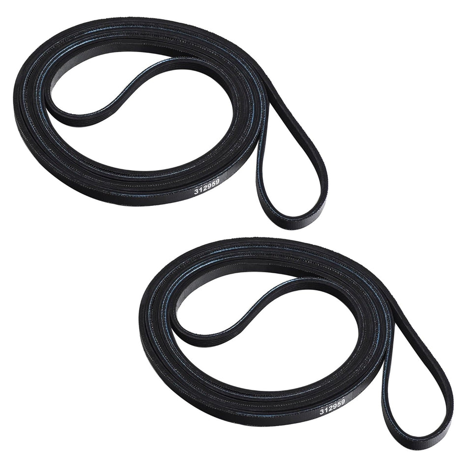 Two black 312959 dryer tumbler and motor replacement belts for Maytag dryers.