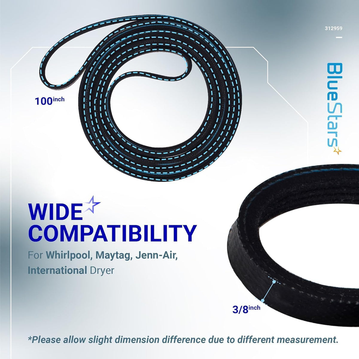 Y312959 Dryer Tumbler & Motor Belt, coiled belt with 100-inch length and 3/8-inch width labels