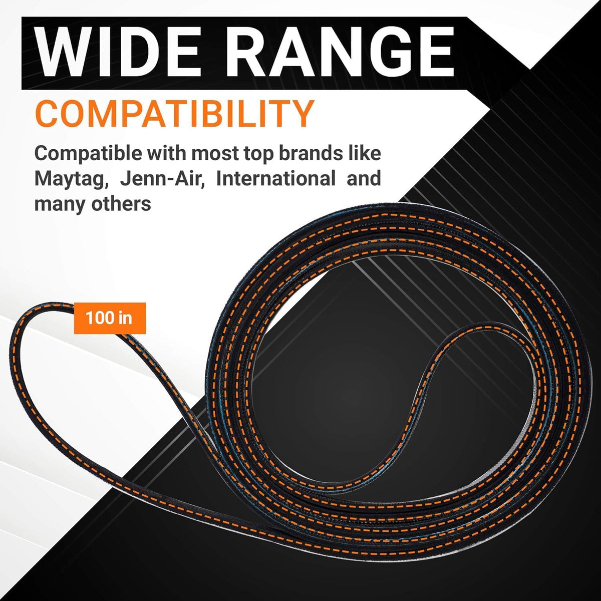 100-inch dryer tumbler and motor belt compatible with Maytag and other major appliance brands.