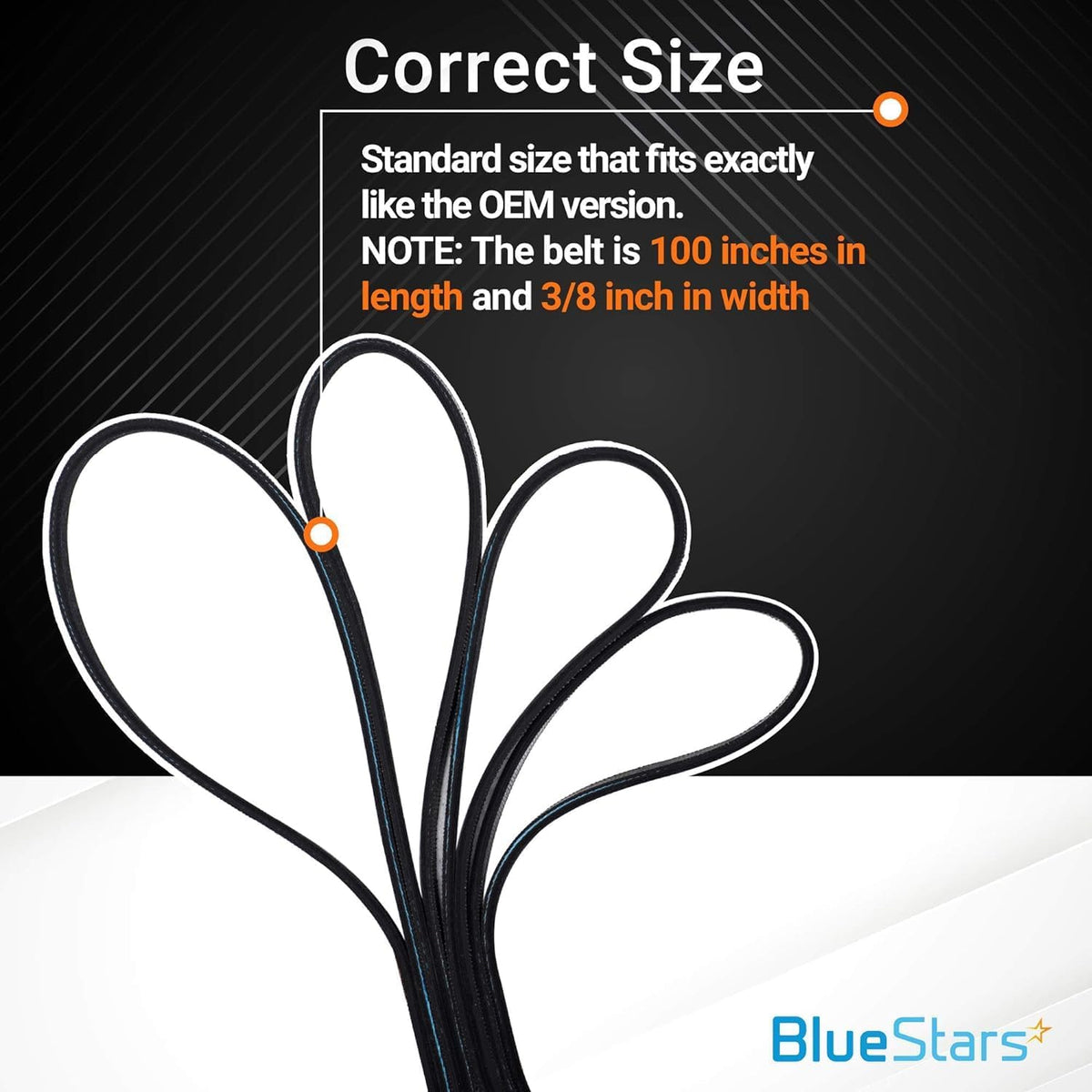 Infographic showing 100-inch by 3/8-inch dimensions for Y312959 dryer tumbler and motor belt.