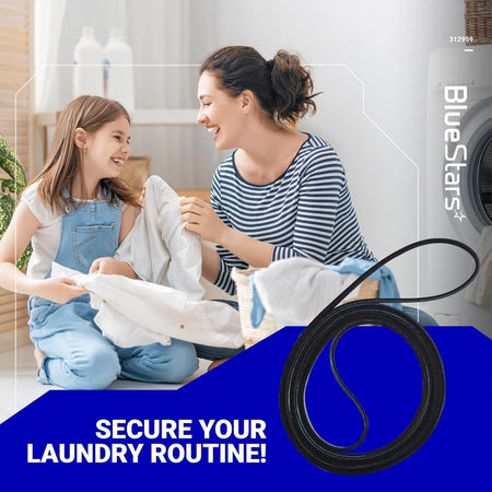 Y312959 dryer tumbler and motor belt, belt shown beside a laundry scene in a promotional graphic