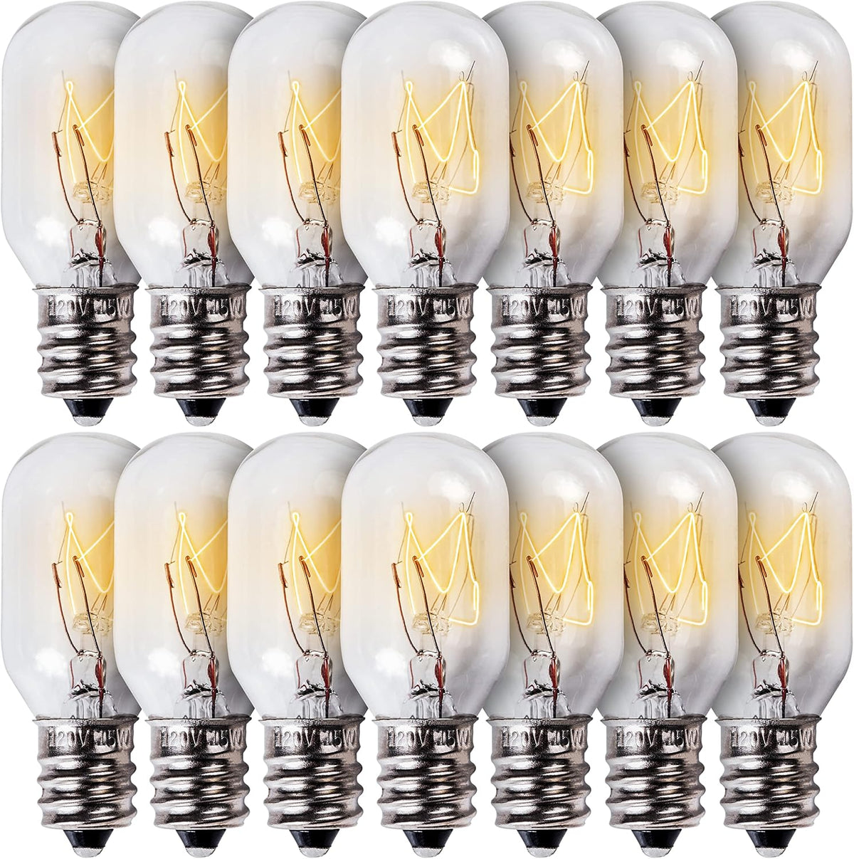 Pack of 14 E12 T20 15W salt rock lamp bulbs with warm white filament glow.