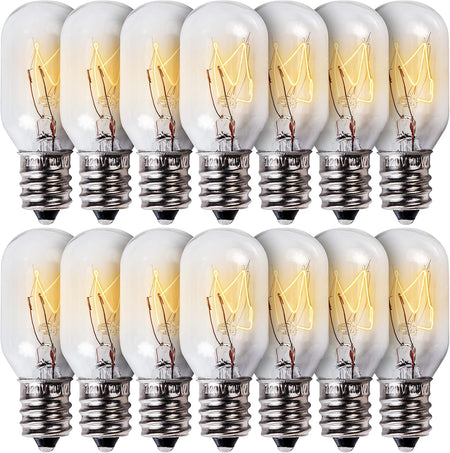 Pack of 14 E12 T20 15W salt rock lamp bulbs with warm white filament glow.