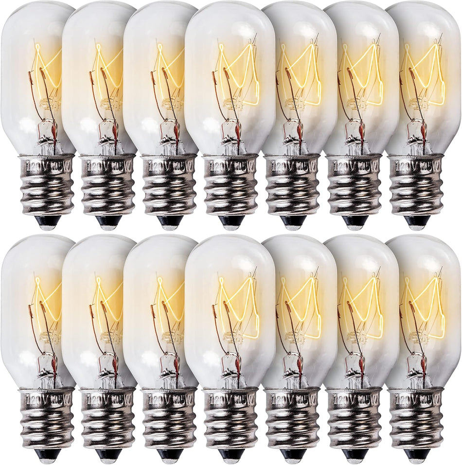 Pack of 14 E12 T20 15W salt rock lamp bulbs with warm white filament glow.